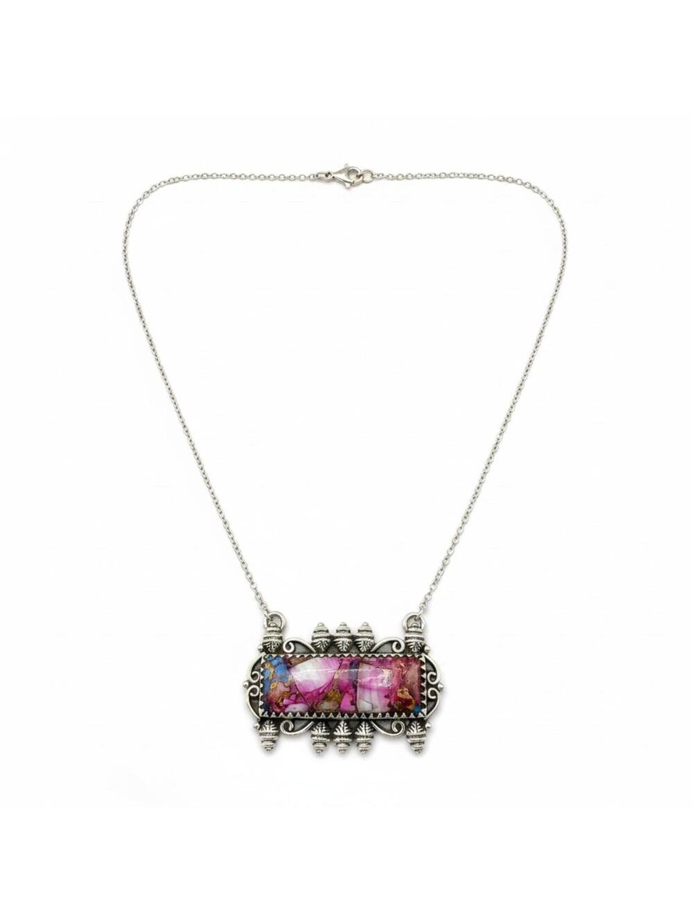 Sterling Silver Pink Dahlia Inlay Statement Necklace 18"